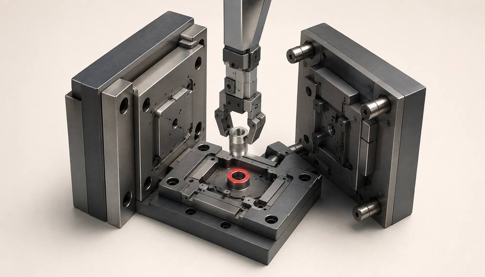 Inserttechnik bei icotek, Robotergreifer setzt eine Metall-Gewindebuchse in die Kavität eines geöffneten Spritzgusswerkzeugs ein