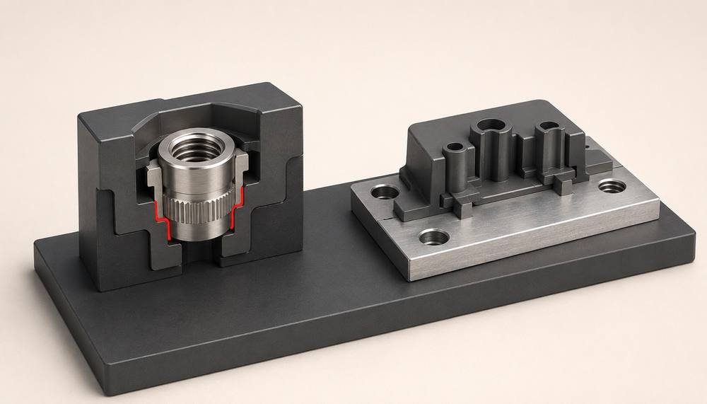 Vergleich Inserttechnik und Outserttechnik im Querschnitt, links Metalleinleger im Kunststoff eingebettet, rechts Kunststoff auf Metallträger aufgespritzt