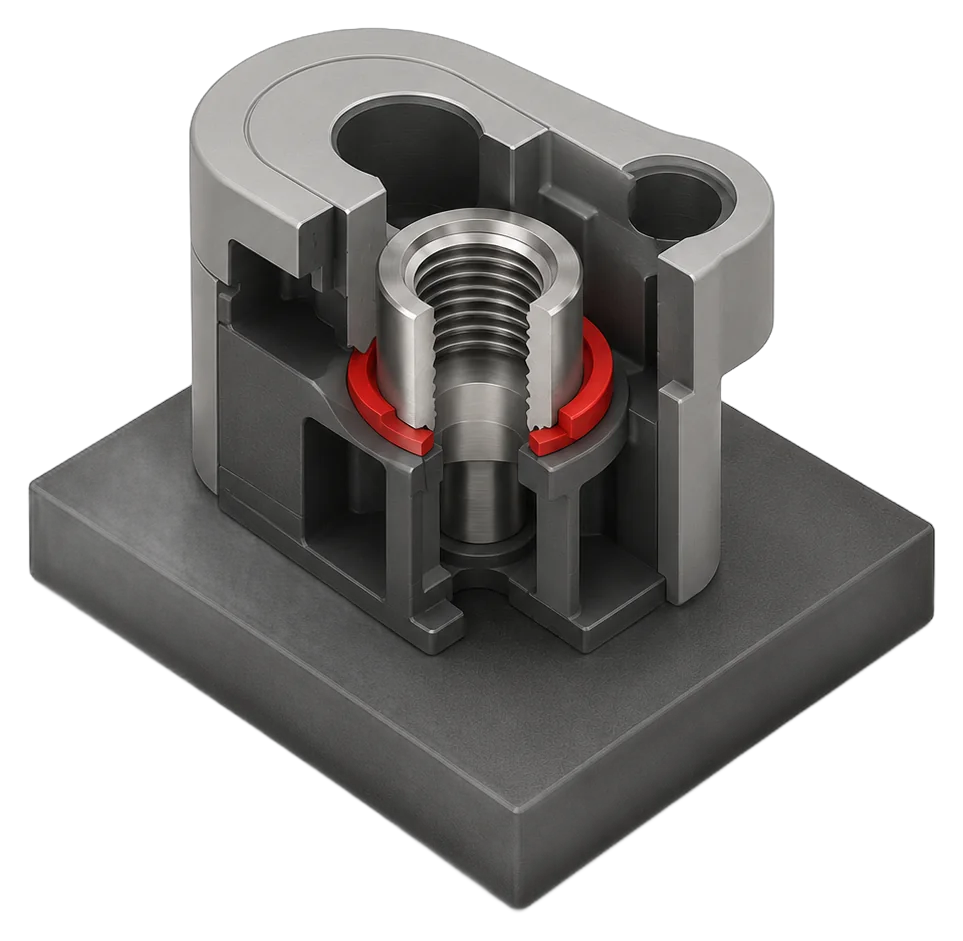 Inserttechnik bei icotek, isometrischer Querschnitt eines Kunststoffteils mit umspritzter Metall-Gewindebuchse